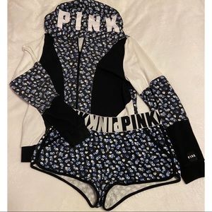 PINK Victoria's Secret Black and White Floral Jacket and Shorts Set